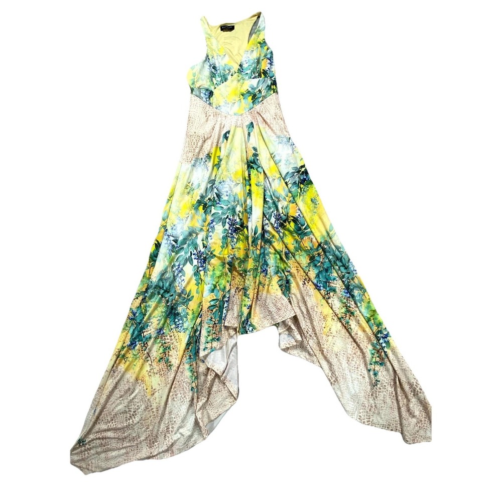 Bebe Maxi Dress Womens XS‎ Yellow Green Floral Sleeveless V-Neck High Low Hem